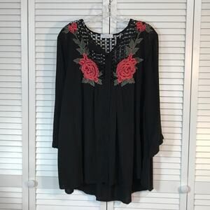 JJ’s Fairyland Black Floral Embroidered V-Neck Long Sleeve Women Tunic Blouse L